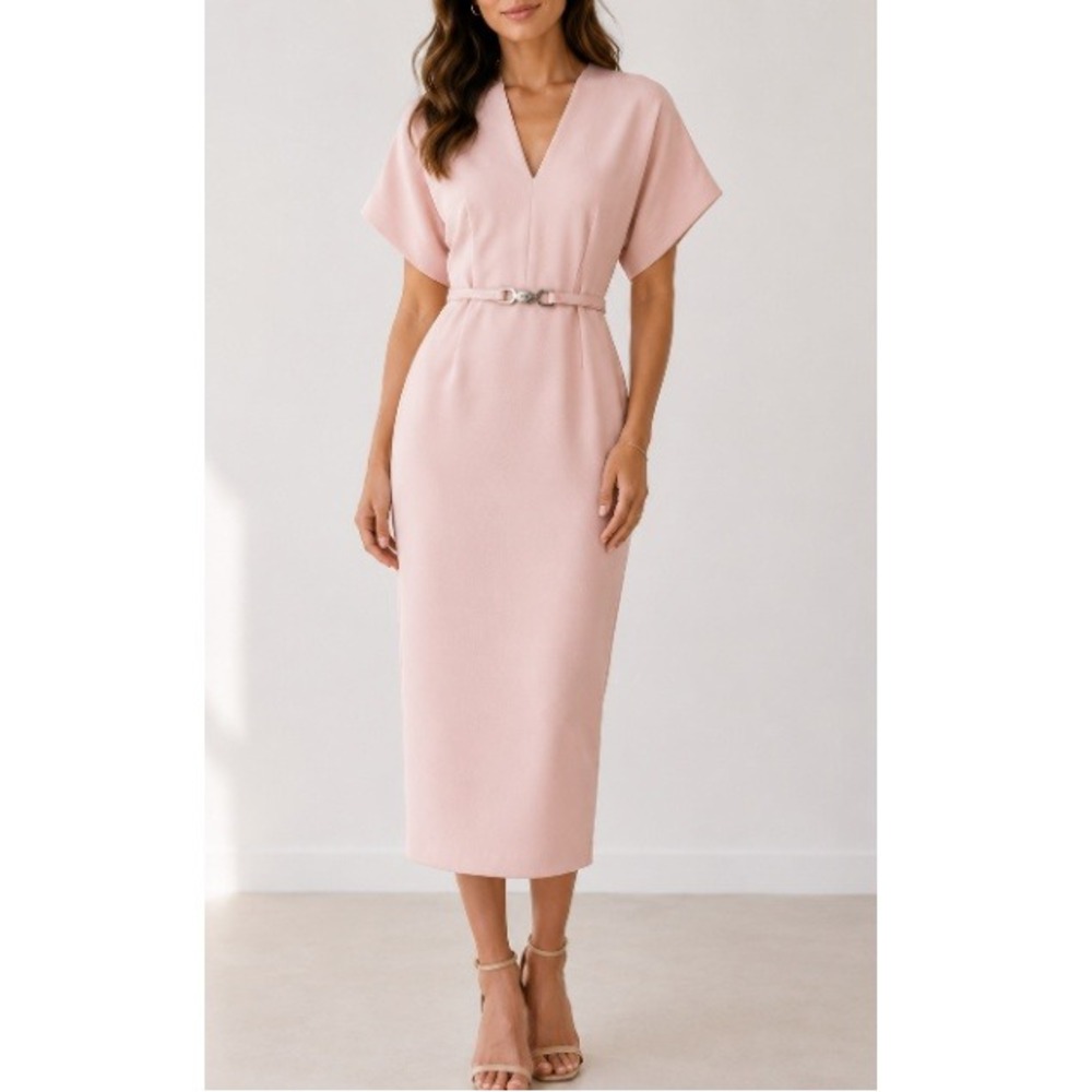 Fehaute Pink Slit V‎ Neck Dolman Sleeve Sheath Midi Dress With Belt Size XS NWT